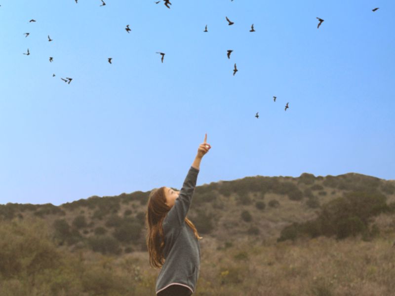 Communities 10 A young girl stands in a grassy field, reaching up towards the sky as a flock of birds flies overhead in Uvalde County, Texas