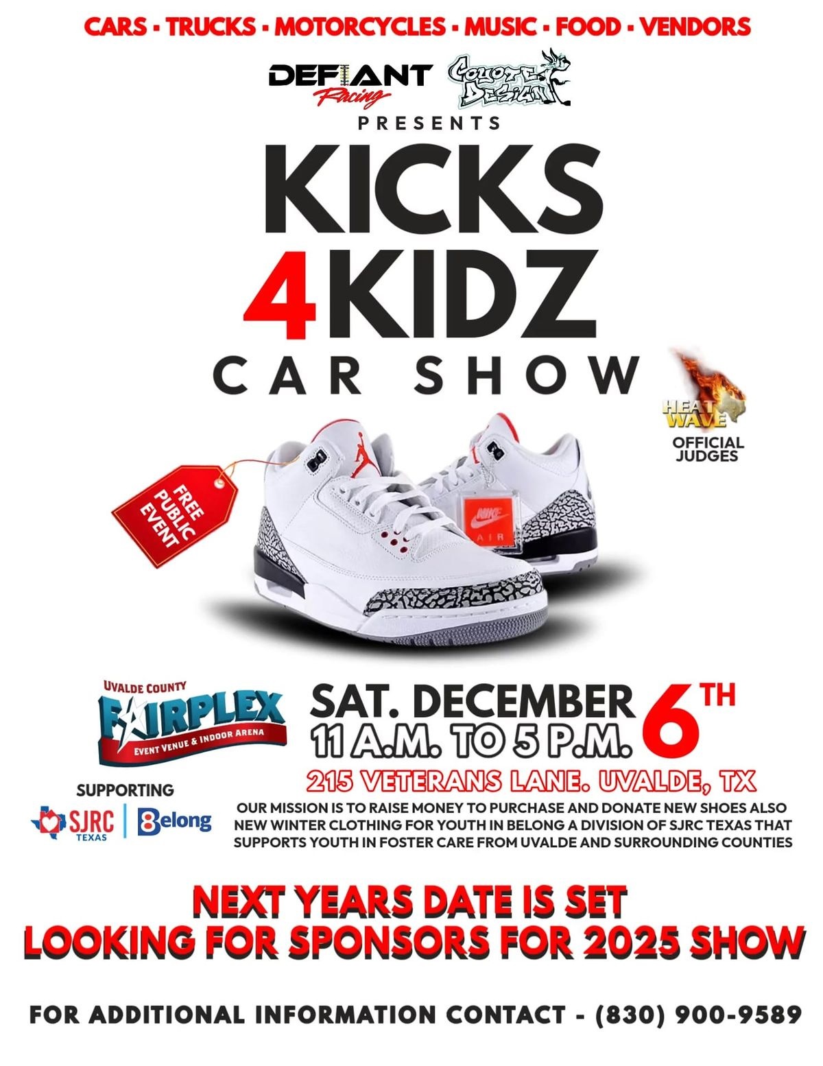 A promotional poster for the Kicks 4 Kidz Car Show featuring sneakers, cars, and community support in Uvalde County, Texas