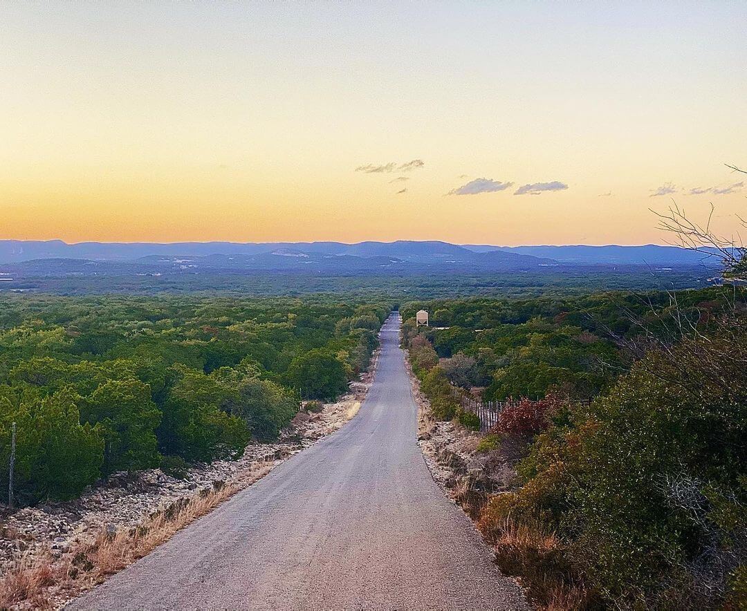 A winding dirt road stretches into the distance, flanked by lush green trees and shrubs, leading towards a hazy horizon under a sky painted with hues of orange and pink at sunset in Uvalde County, Texas