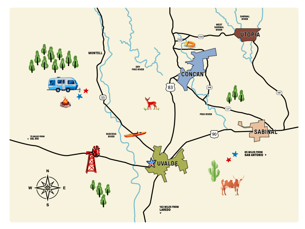 A whimsical map of Uvalde County, Texas, featuring a camper van, deer, cacti, and a compass rose in Uvalde County, Texas
