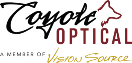 Coyote Optical logo featuring a stylized coyote head and the text 'Coyote Optical' with 'Vision Source' below in Uvalde County, Texas