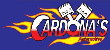 Cardona's Automotive logo featuring crossed pistons with flames on a blue background in Uvalde County, Texas