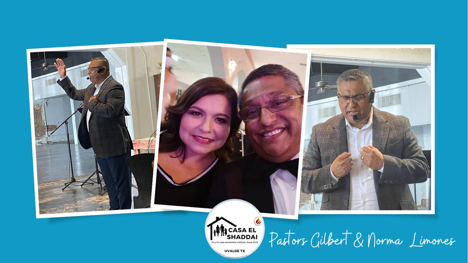 Three smiling individuals, two men and a woman, are captured in separate photographs, each engaged in different activities, with one speaking into a microphone, another gesturing expressively, and the third posing for a portrait in Uvalde County, Texas