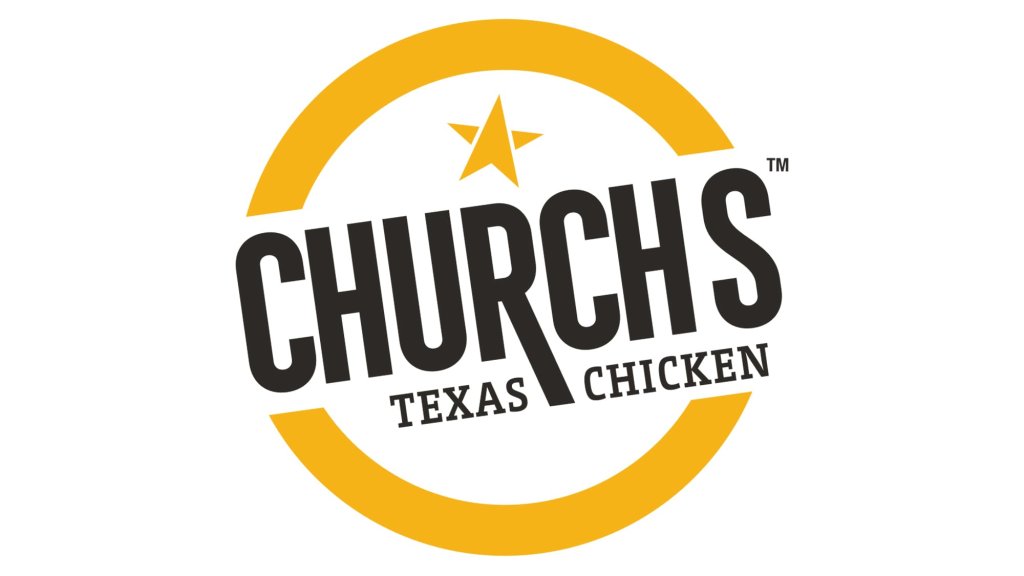 Church's Chicken logo featuring a yellow star within a circle, with the text 'Church's Texas Chicken' in bold black letters in Uvalde County, Texas