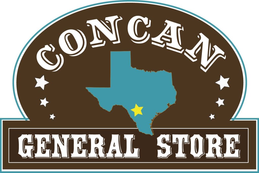 Concan General Store logo featuring a stylized Texas map with a star over Concan, surrounded by stars and a cowboy hat silhouette in Uvalde County, Texas