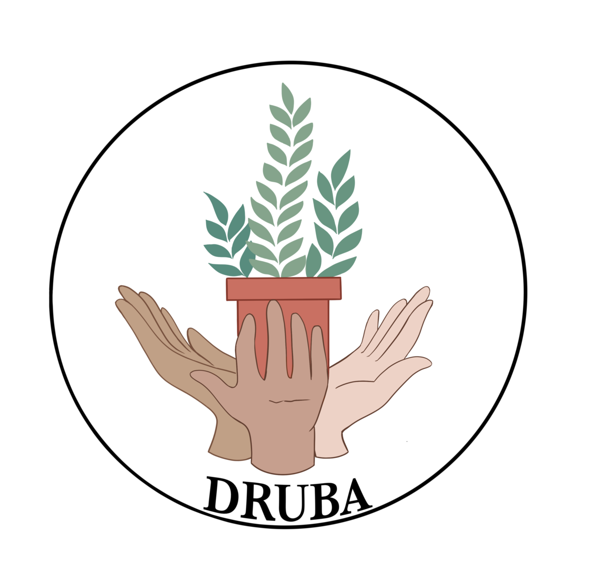 Two hands, one light and one dark, gently hold a red flower pot with green leaves growing from it in Uvalde County, Texas