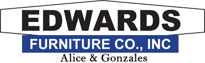 Edwards Furniture Co., Inc. logo featuring a bold, black 'EDWARDS' in a white banner with a blue stripe below displaying 'FURNITURE CO., INC.' and 'Alice & Gonzalezales' in white text in Uvalde County, Texas