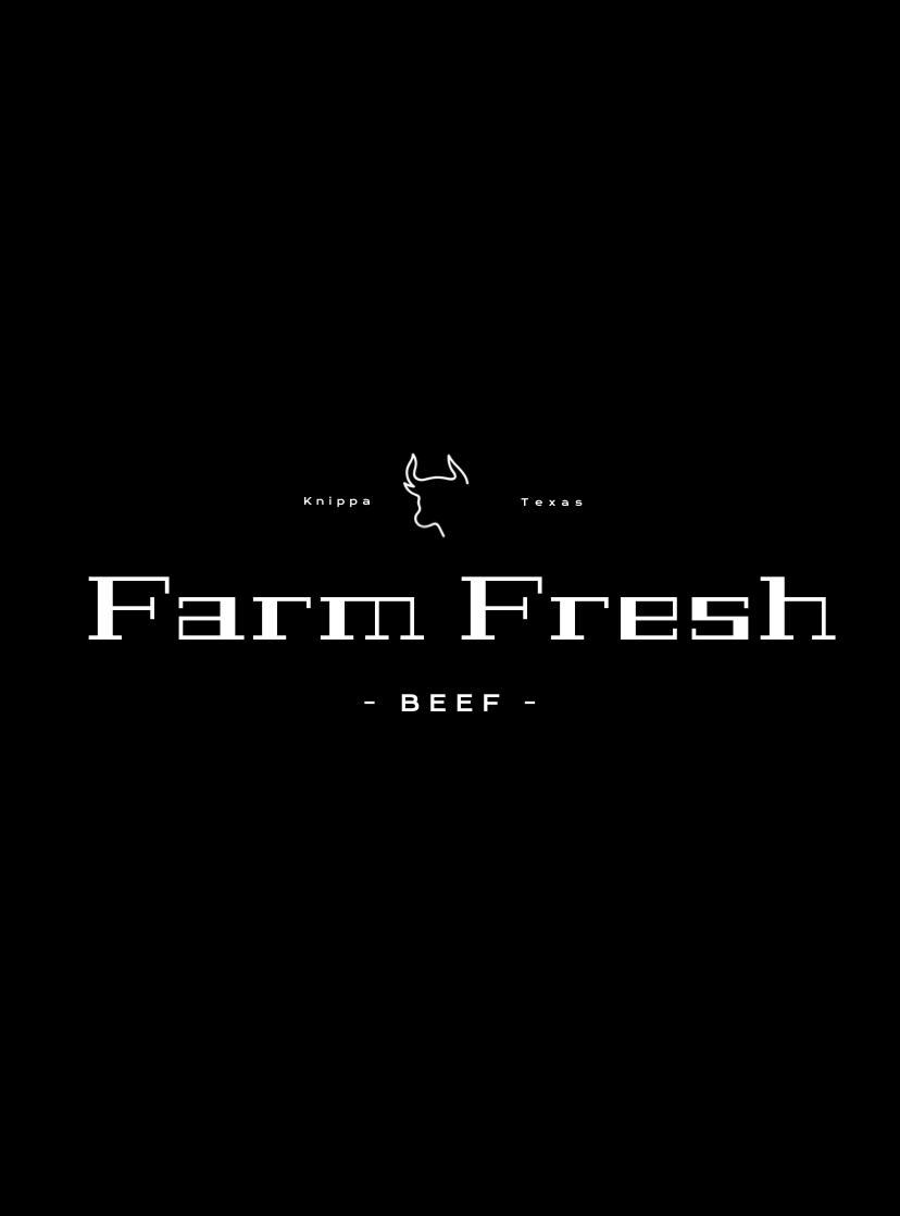 A minimalist logo featuring a stylized cow's head and the text 'Farm Fresh Beef' in a clean, modern font in Uvalde County, Texas