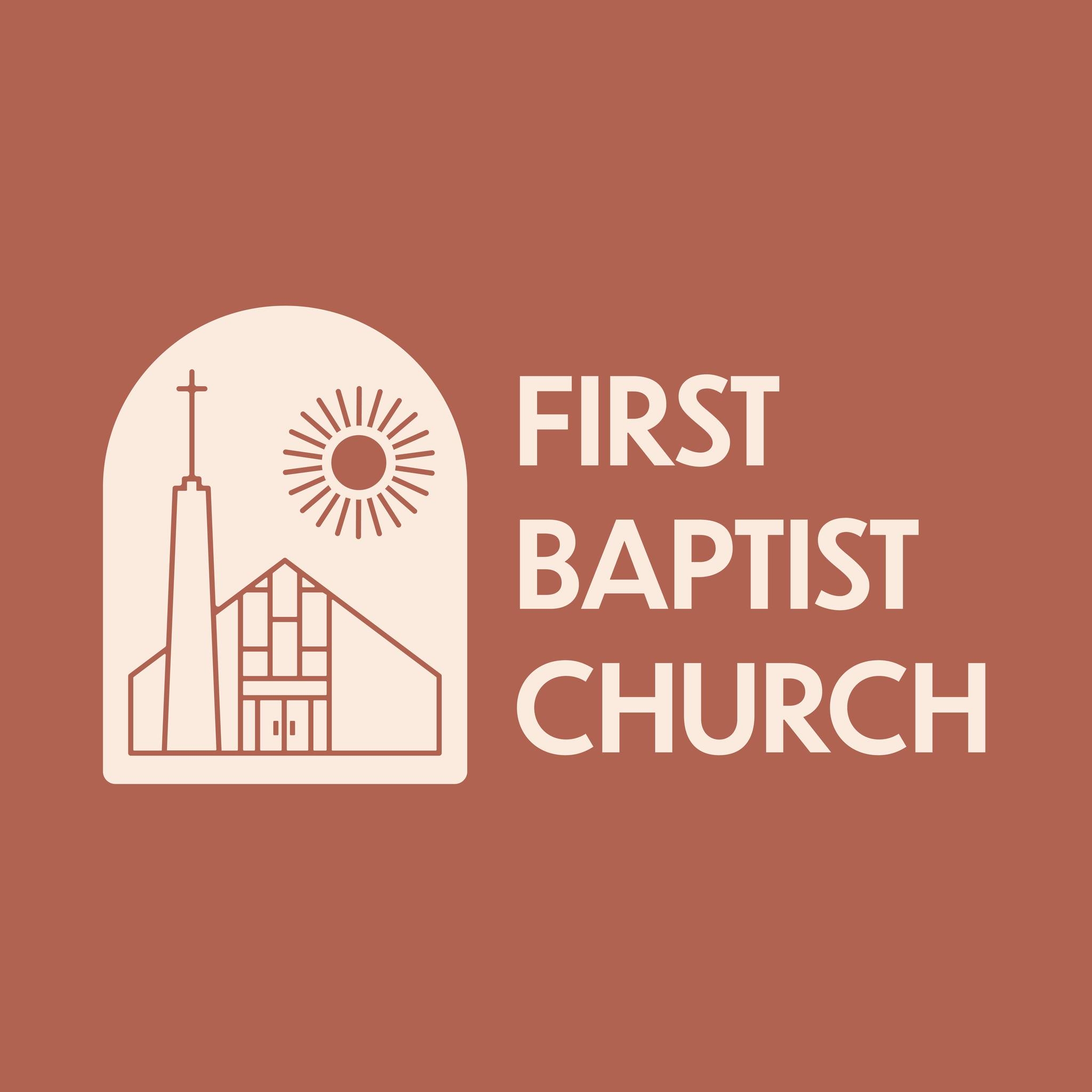 A stylized logo featuring a church building with a cross and sunburst, representing the First Baptist Church in Uvalde County, Texas