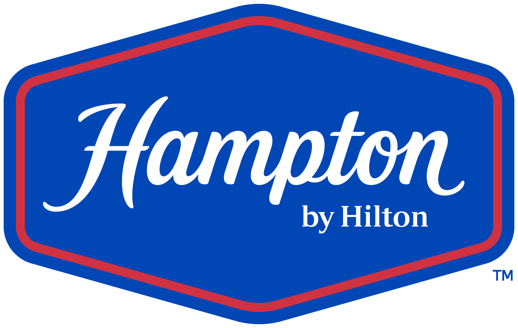 The Hampton by Hilton logo features a blue hexagonal shape with a pink outline, containing the brand name in elegant white script in Uvalde County, Texas