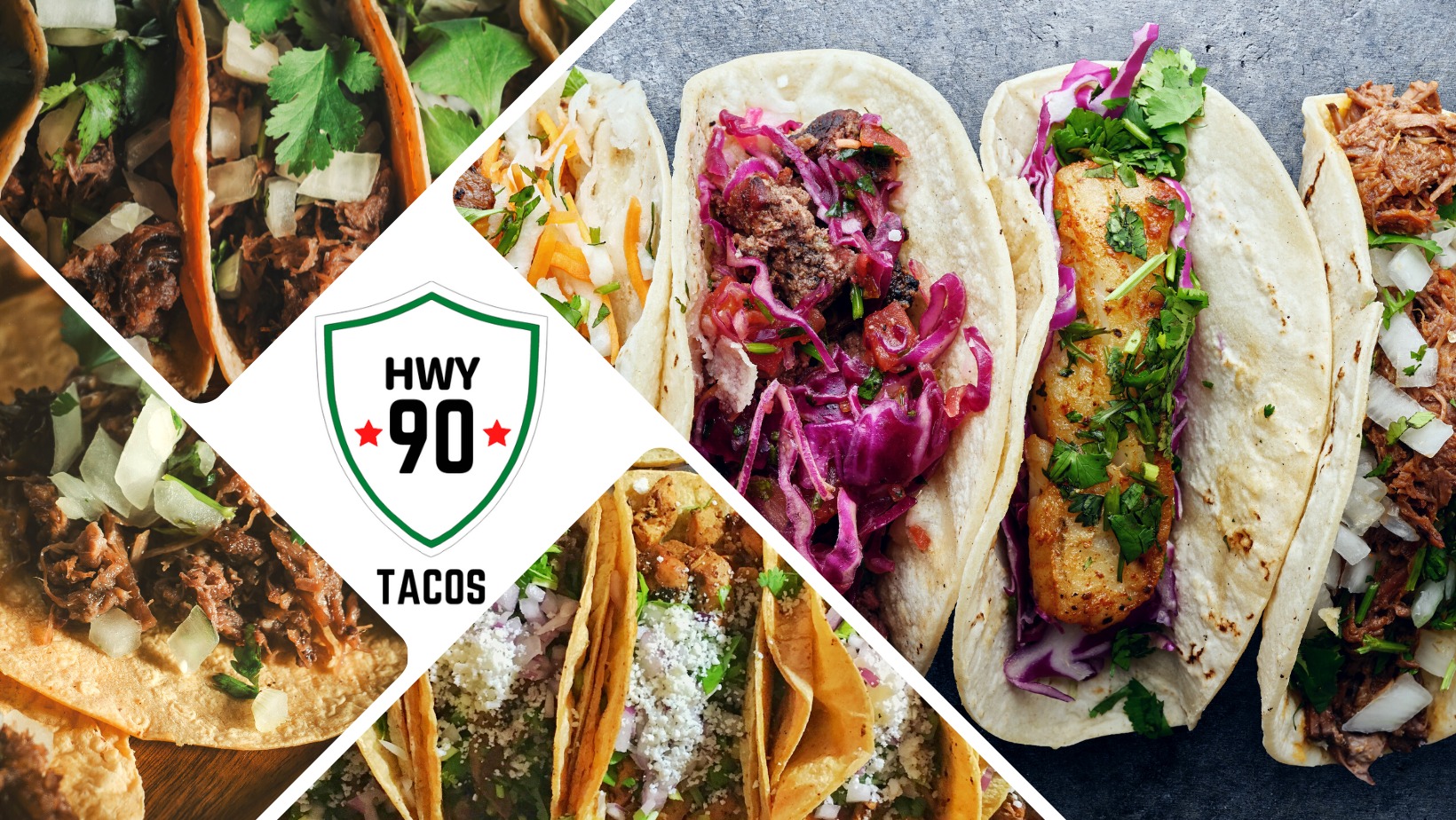 A vibrant display of six different types of tacos, each with unique fillings and garnishes, arranged in a collage format in Uvalde County, Texas