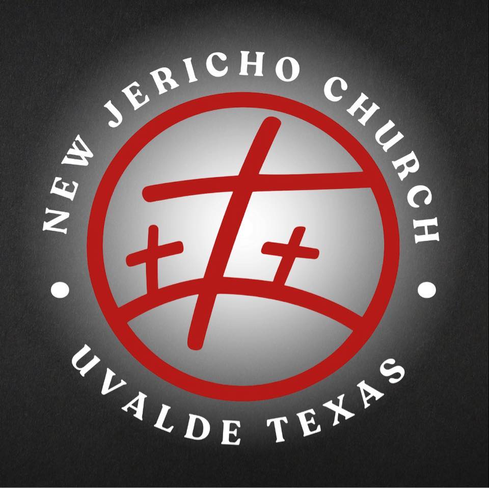 The logo of New Jericho Church in Uvalde, Texas, featuring a red cross within a circle on a black background in Uvalde County, Texas