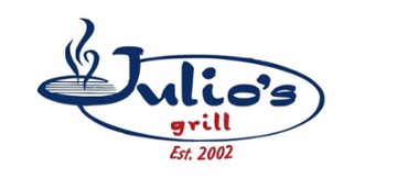 A stylized logo featuring a blue grill with smoke rising, accompanied by the text 'Julio's Grill' in blue and 'Est. 2002' in red in Uvalde County, Texas