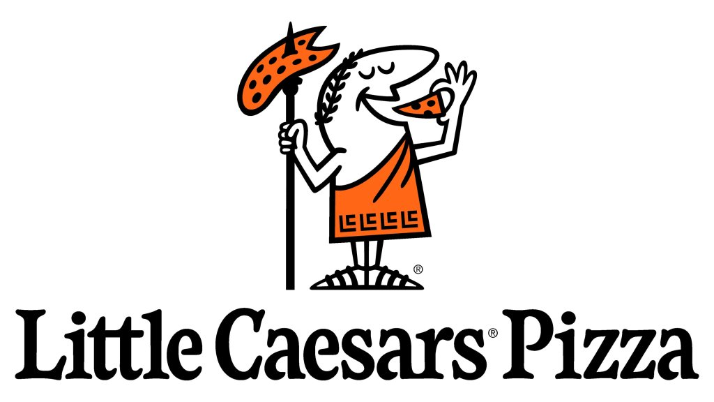 A cartoon character dressed as a Roman centurion holding a pizza slice and a spear, representing Little Caesars Pizza in Uvalde County, Texas