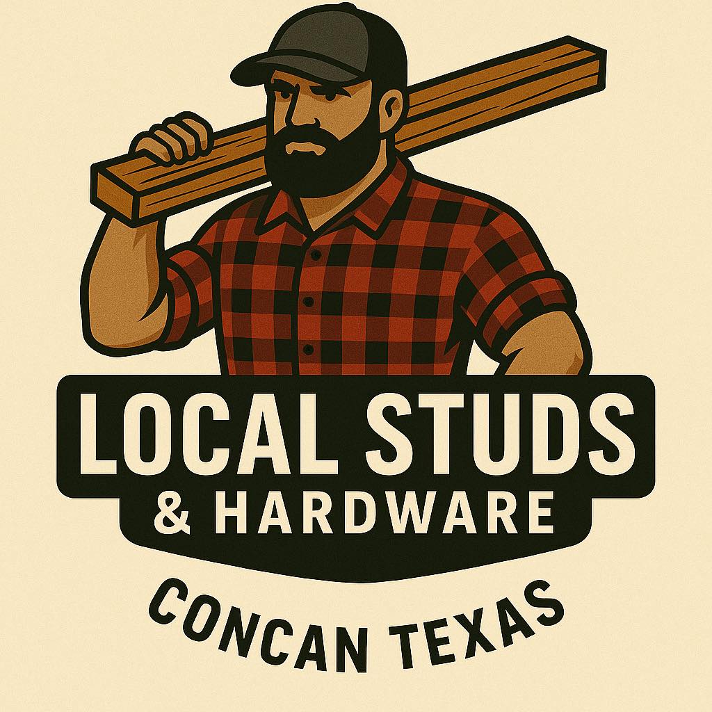 A bearded man in a red and black plaid shirt carries a wooden beam, representing Local Studs & Hardware in Concan, Texas in Uvalde County, Texas