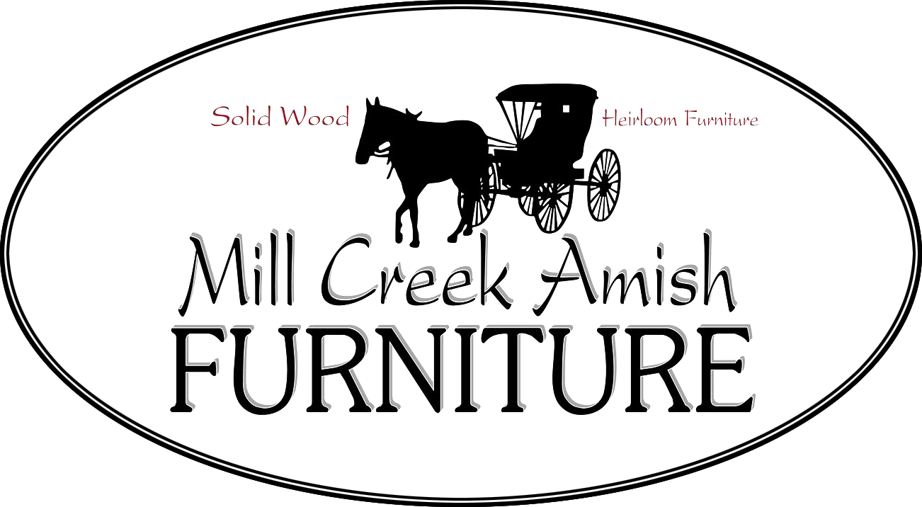A horse-drawn carriage logo for Mill Creek Amish Furniture, featuring solid wood and heritage designs in Uvalde County, Texas