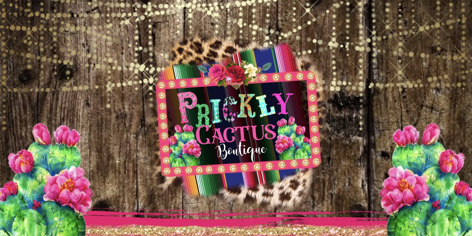 Colorful logo for Prickyly Cactus Boutique featuring cacti and vibrant flowers against a rustic wooden backdrop in Uvalde County, Texas