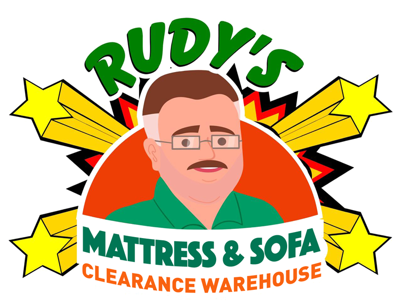Rudy's Mattress & Sofa Clearance Warehouse logo featuring a cheerful man with glasses and a mustache, surrounded by stars and a burst of color in Uvalde County, Texas