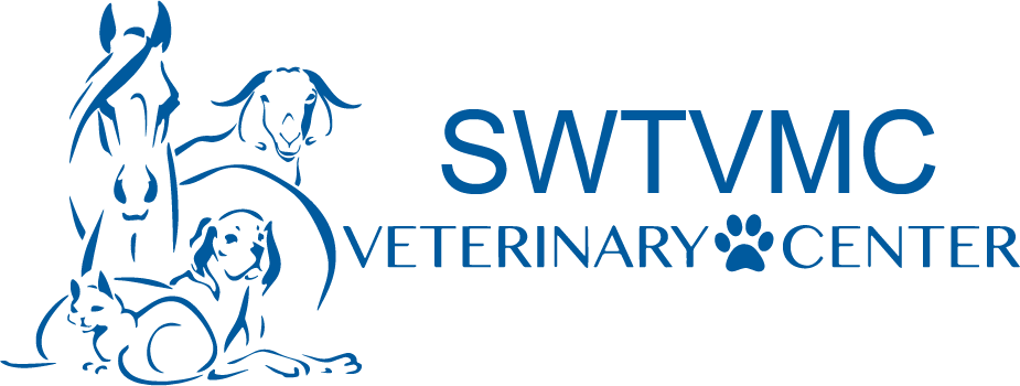 Southwest Texas Veterinary Medical Center logo featuring a horse, dog, and cat in a blue pixelated design in Uvalde County, Texas