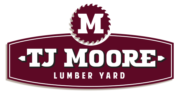 A logo featuring 'TJ Moore Lumber Yard' in a vintage-style font with a circular 'M' emblem in Uvalde County, Texas