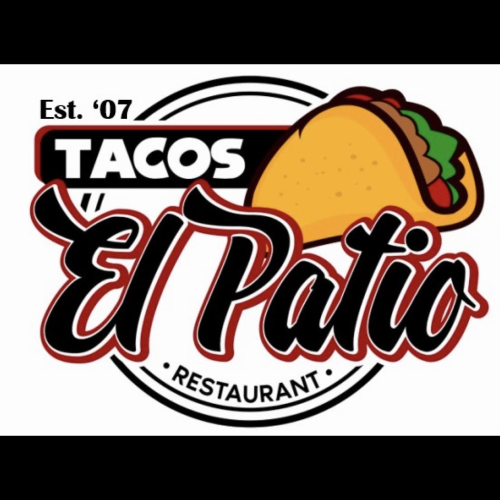 A colorful logo for a taco restaurant named El Patio, established in 2007, featuring a stylized taco graphic in Uvalde County, Texas
