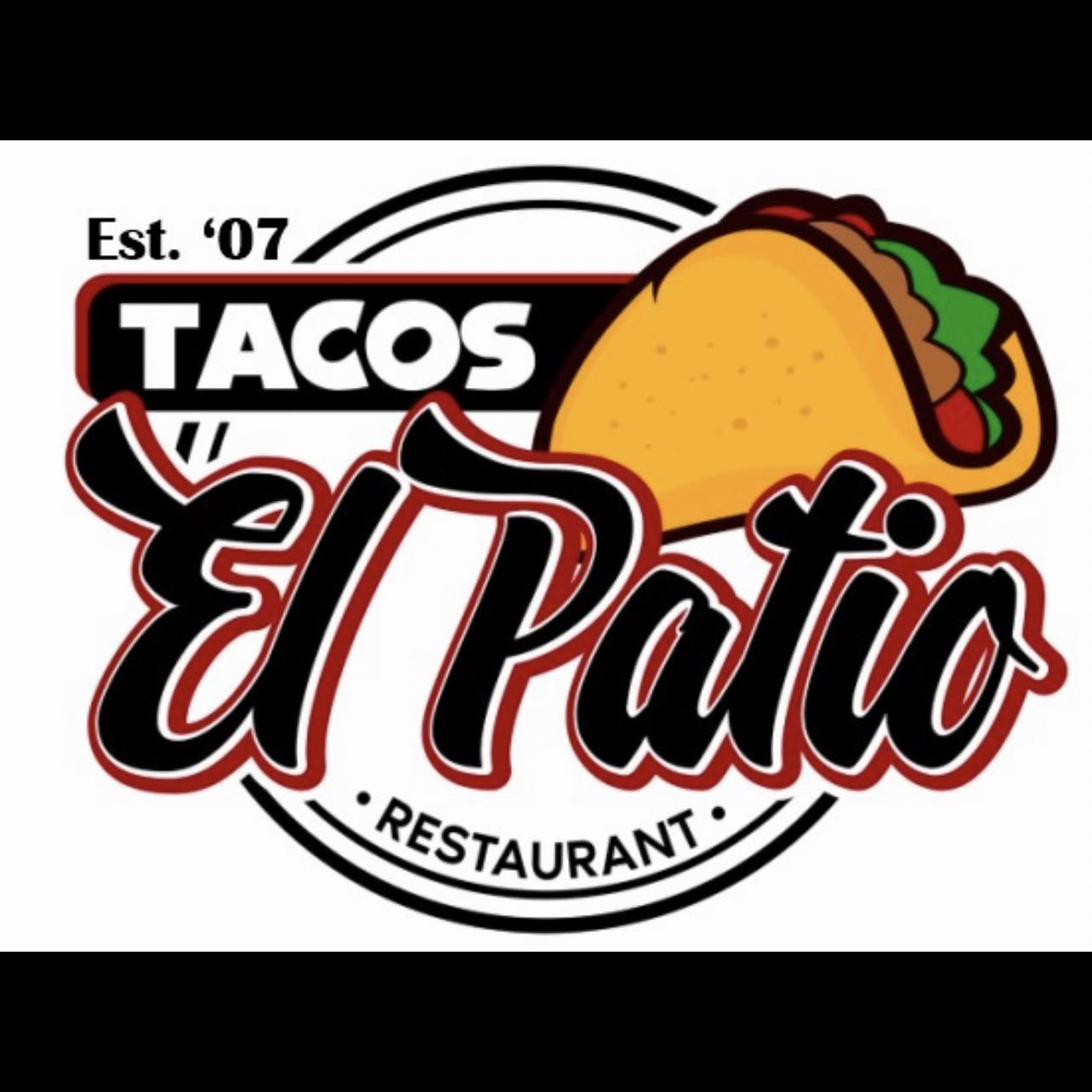 A colorful logo for a taco restaurant named El Patio, established in 2007, featuring a stylized taco graphic in Uvalde County, Texas