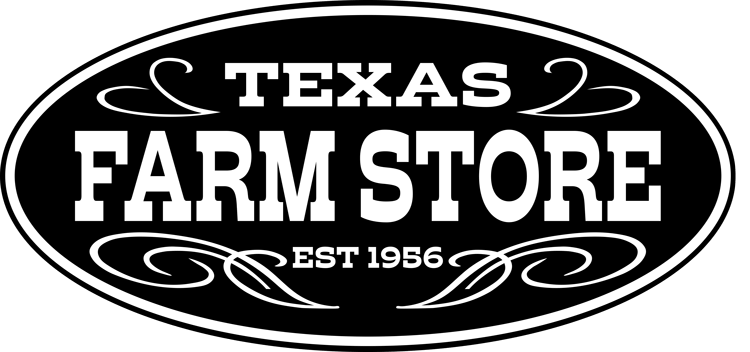 A vintage-style logo featuring 'Texas Farm Store' in bold, white lettering with an establishment date of 1956 in Uvalde County, Texas