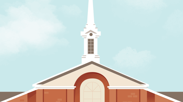 A stylized illustration of a church with a prominent steeple against a blue sky in Uvalde County, Texas