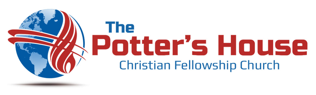 A stylized globe with red and blue ribbons intertwined, symbolizing unity and faith, next to the text 'The Potter's House Christian Fellowship Church' in Uvalde County, Texas