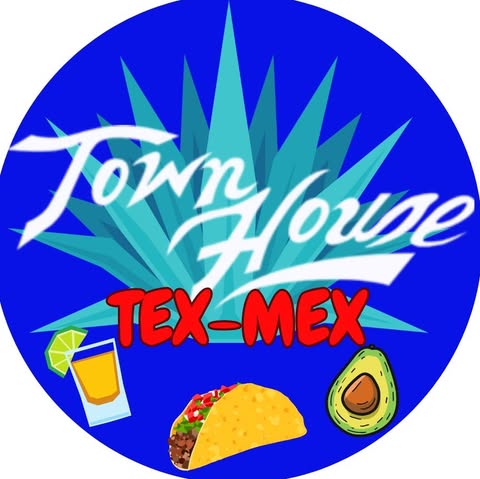 A vibrant blue logo featuring 'Town House Tex-Mex' with a tequila glass, taco, and avocado in Uvalde County, Texas