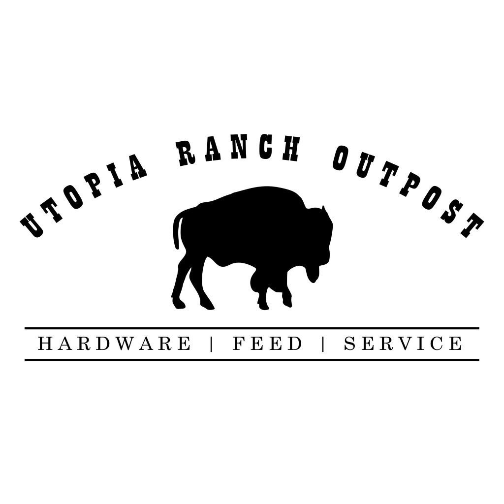 A stylized black silhouette of a bison with the text 'Utopia Ranch Outpost' above and 'Hardware | Feed | Service' below in Uvalde County, Texas