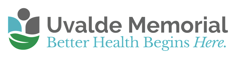 Uvalde Memorial Hospital logo featuring a green leaf and the text 'Uvalde Memorial' and 'Better Health Begins Here' in Uvalde County, Texas