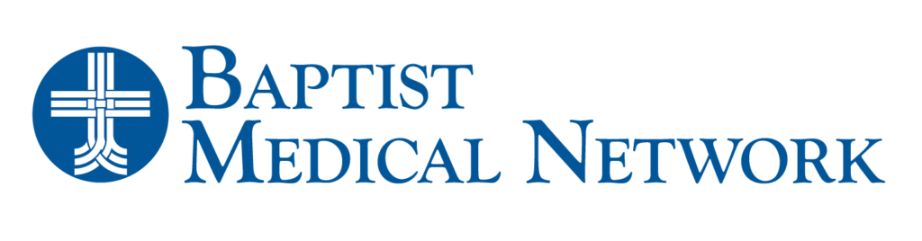 The Baptist Medical Network logo features a stylized cross within a circle, accompanied by the text 'Baptist Medical Network' in Uvalde County, Texas