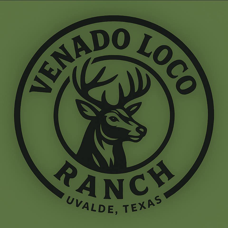 A circular logo featuring a detailed black and green deer head with antlers, representing Venado Loco Ranch in Uvalde, Texas in Uvalde County, Texas