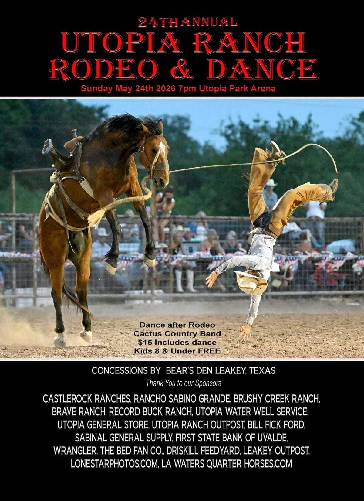 A flyer for the 24th Annual Utopia Ranch Rodeo & Dance flyer, happening Sunday May 24 2026 at 7PM at the Utopia Arena Park. Dance after Rodeo, Cactus Country Band, $15 ticket, which includes dance. Kids 8 & Under are free.