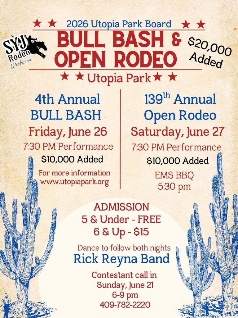 A flyer for the 4th annual Bull Bash and 139th annual Open Rodeo in Utopia on June 26th and 27th.