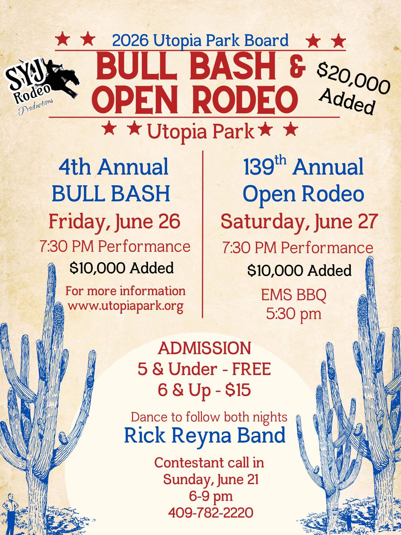 A flyer for the 4th annual Bull Bash and 139th annual Open Rodeo in Utopia on June 26th and 27th.
