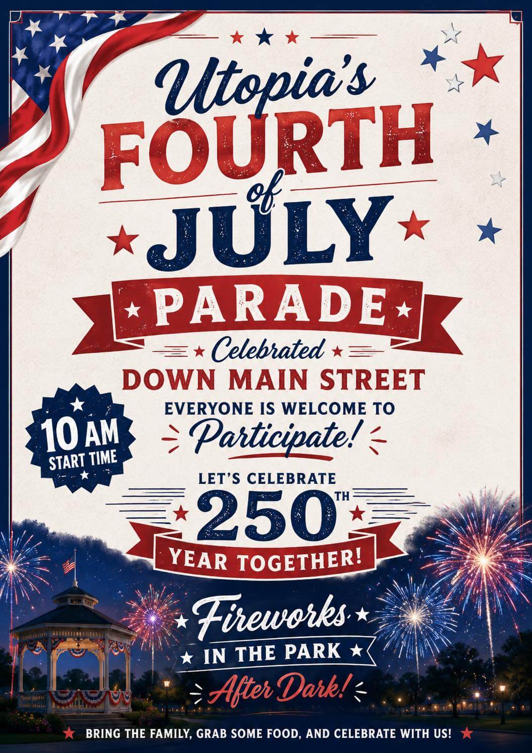 A flyer for Utopia's 4th of July parade and fireworks in the park! Festivities start at 10 AM and fireworks start after dark