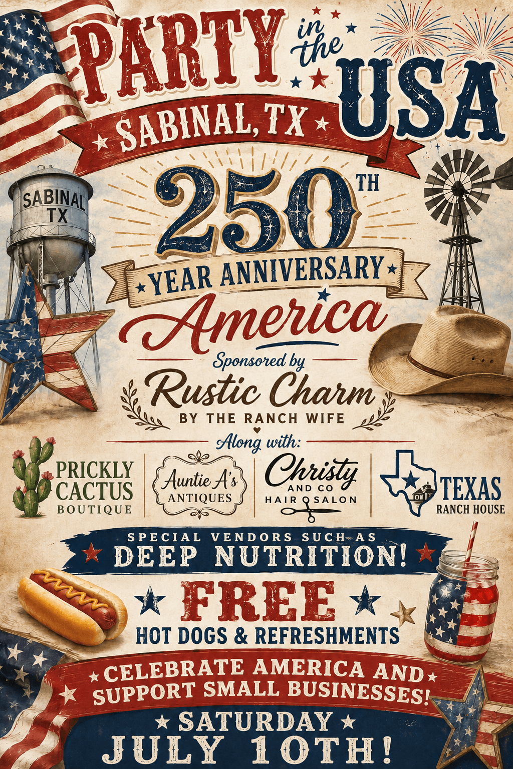 Flyer for Sabinal, TX Party in the USA on July 10th celebrating America's 250th.