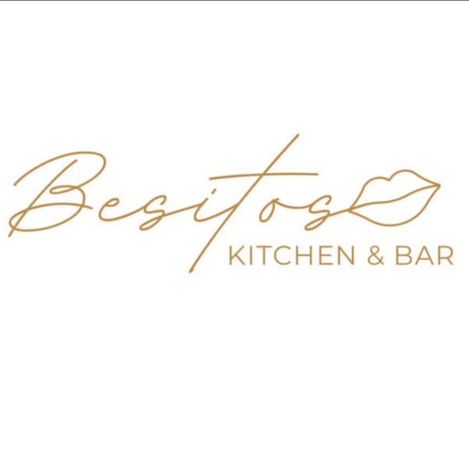 Besitos Kitchen & Bar logo with cursive gold text and a lip line-art icon on a white background.