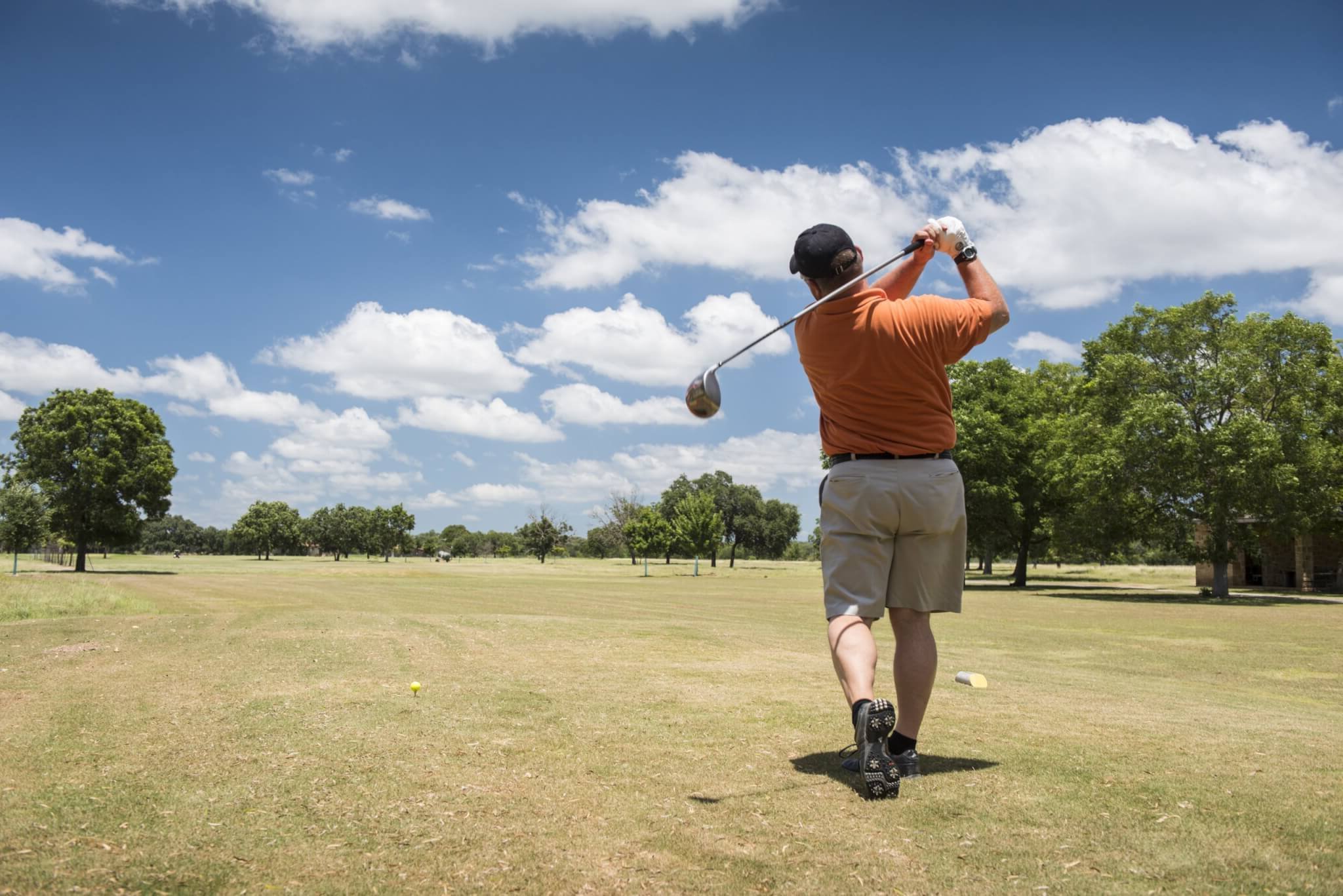 Golf 5 A picture of a man facing away from the camera in an orange shirt playing golf on a greenish-yellow lawn, a bright blue sky in front of him with big poofy white clouds